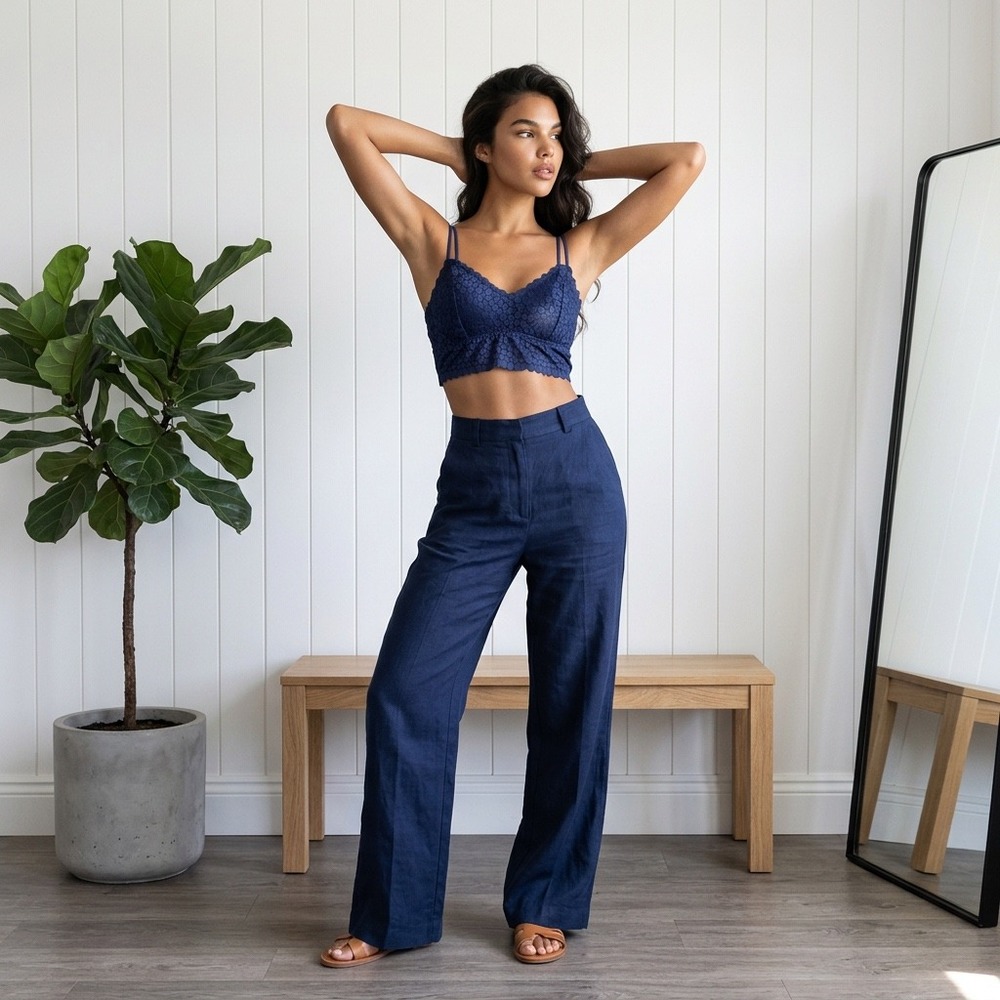 Navy‎ Blue Floral Lace Bralette Crop Top Double Spaghetti Strap V-Neck Scalloped
